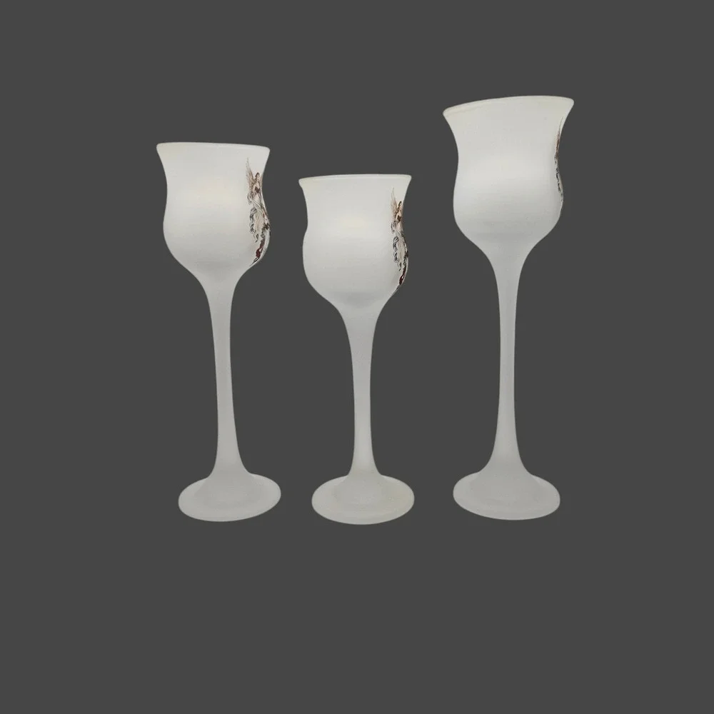 Set of 3 Frosted Glass Angel Candle Holders Goblet Style Wedding Decor